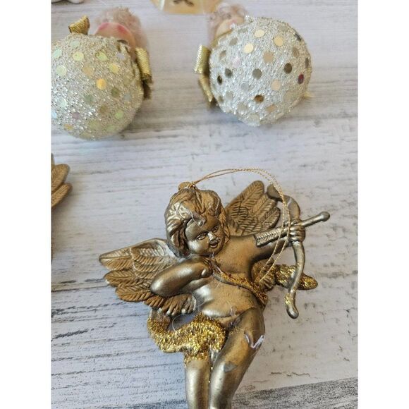 Cherub angel gold ornament set Xmas tree porcelain - Picture 2 of 13